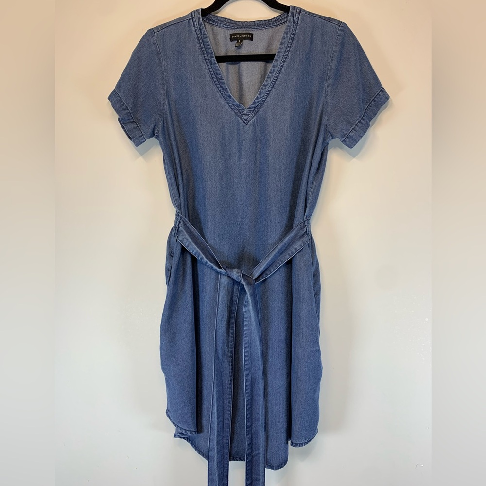 Silver Jeans Blue Lyocell Chambray V-Neck Midi Dress - Size Large